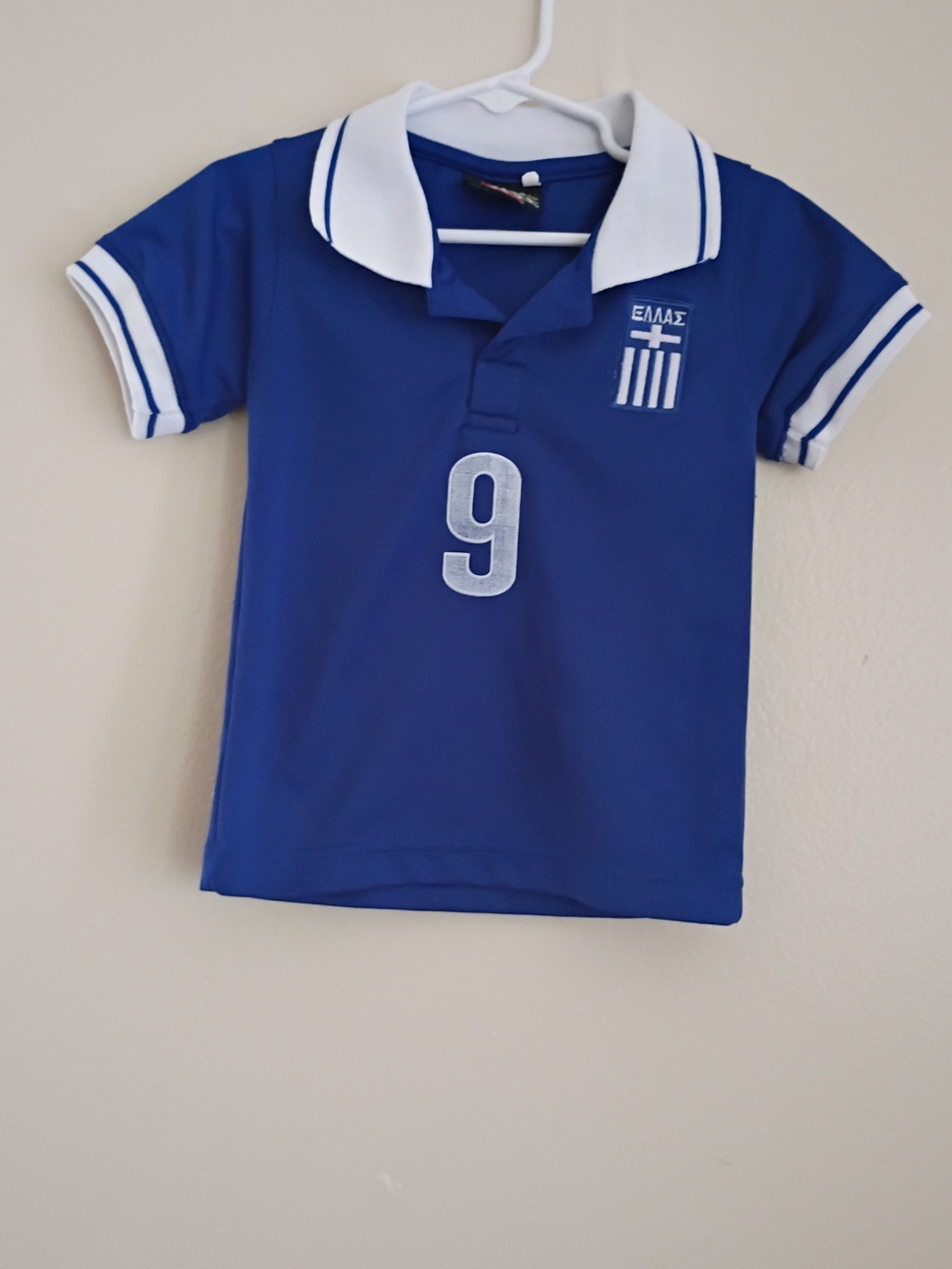 Blue Kids Shirt with White Contrast Collar and Number 9